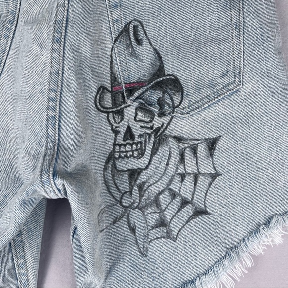 Wrangler Upcycled Cutoff Demim Jean Shorts Size 30 Cowboy Skeleton Zombie Art - Picture 2 of 9
